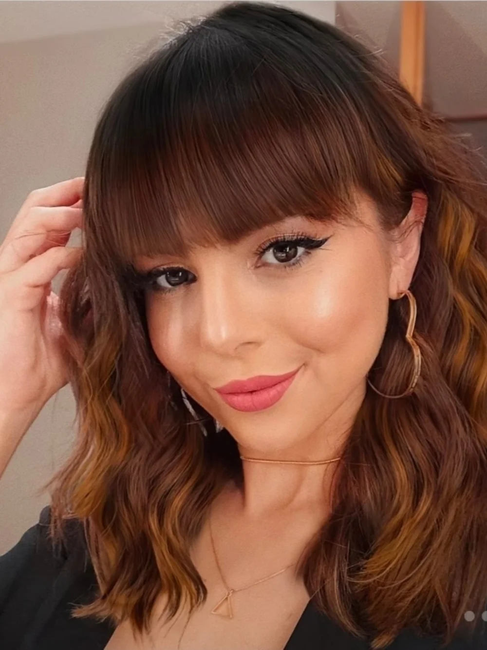14 inch Highlight Brown Curly Synthetic Hair Wig with Bang